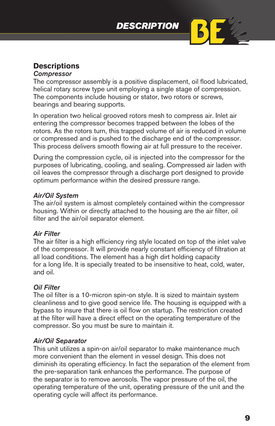 Description | BE Pressure supply 80 Gallon Enclosed Rotary Screw Compressor AC1080SQ User Manual | Page 9 / 37