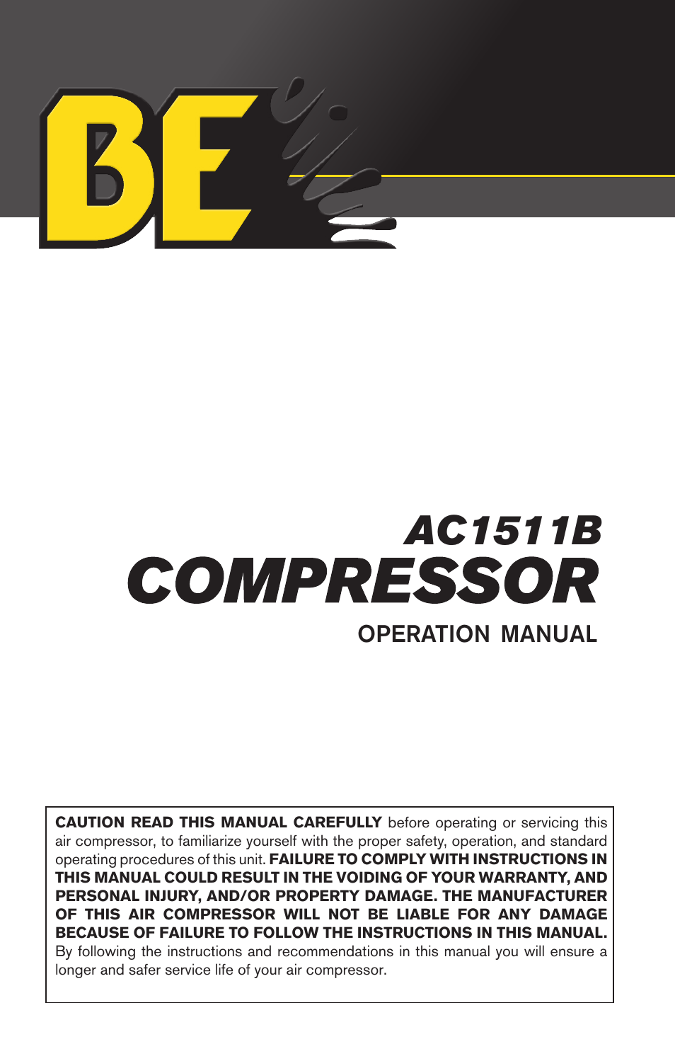 BE Pressure supply 8 Gallon Wheeled Electric Air Compressor AC1511B User Manual | 20 pages