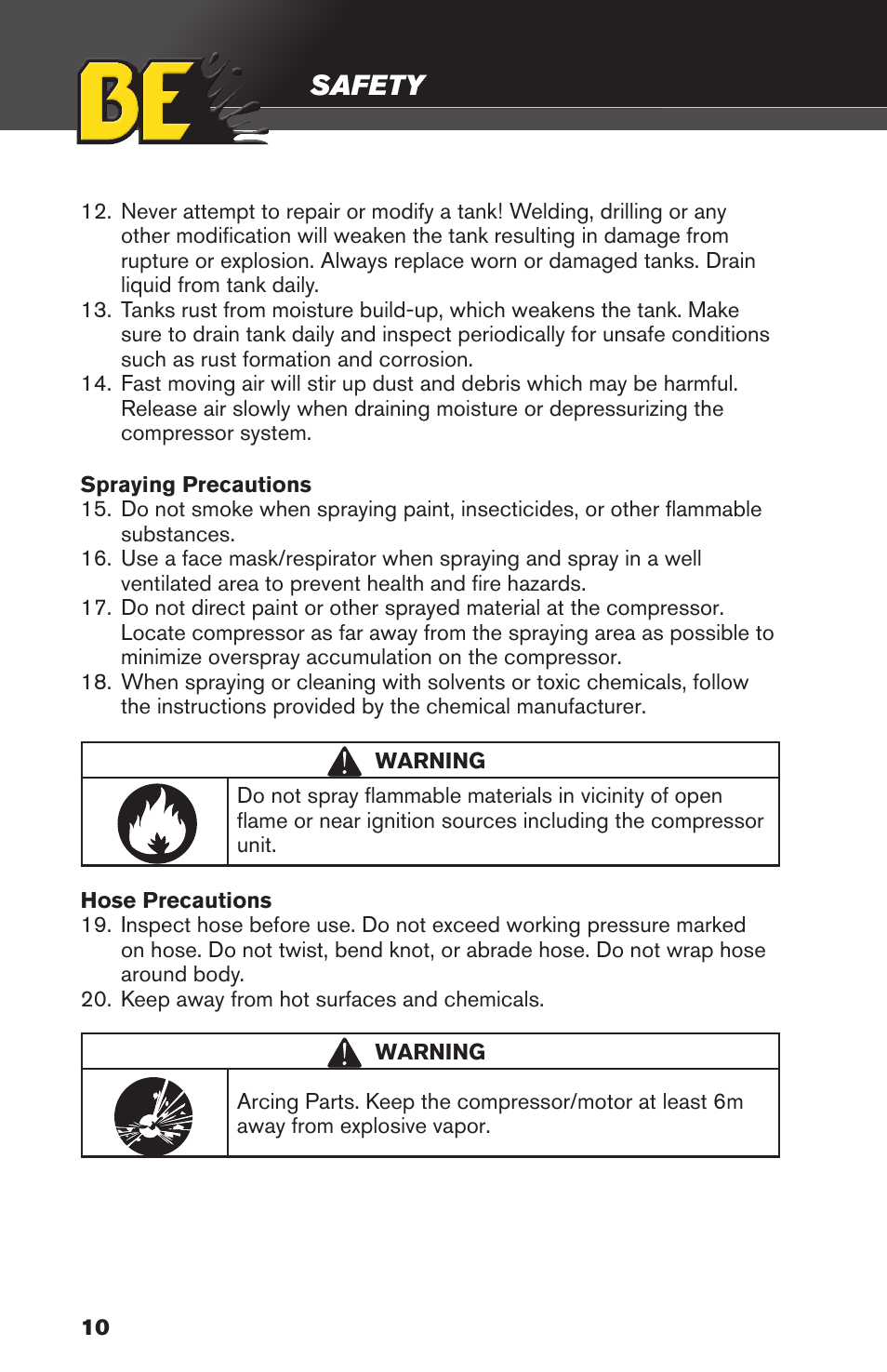 Safety | BE Pressure supply 8 Gallon Wheeled Electric Air Compressor AC1511B User Manual | Page 10 / 20