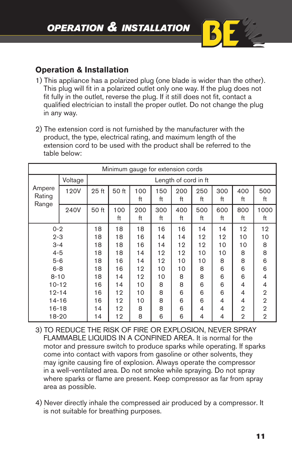 Operation, Installation, Operation & installation | BE Pressure supply 8 Gallon Wheeled Electric Air Compressor AC1511B User Manual | Page 11 / 20