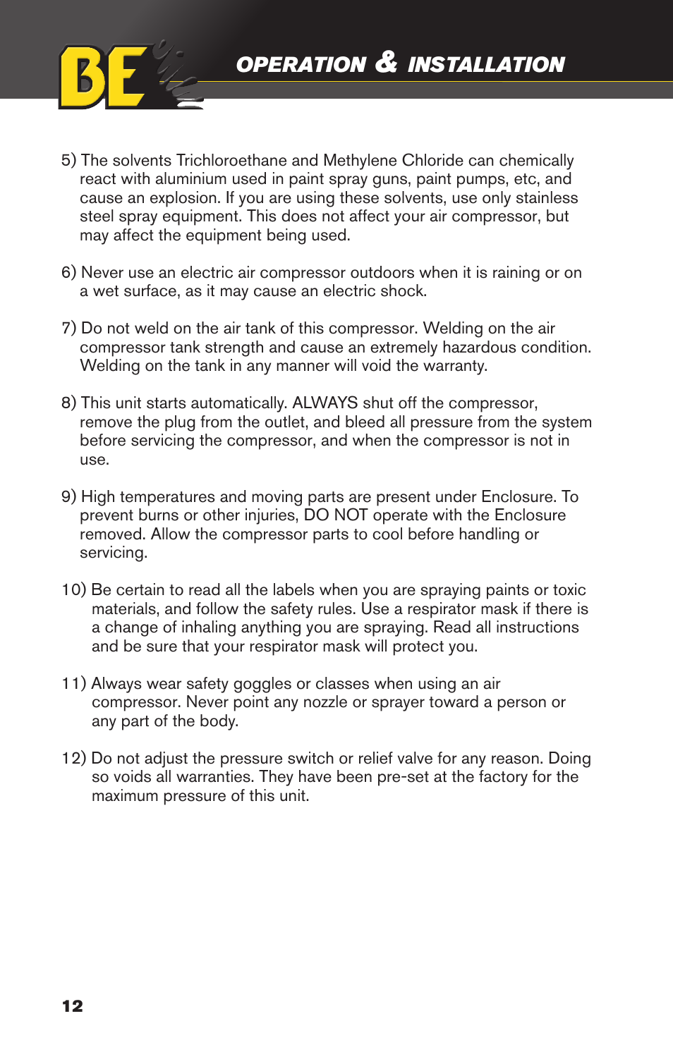 Operation, Installation | BE Pressure supply 8 Gallon Wheeled Electric Air Compressor AC1511B User Manual | Page 12 / 20