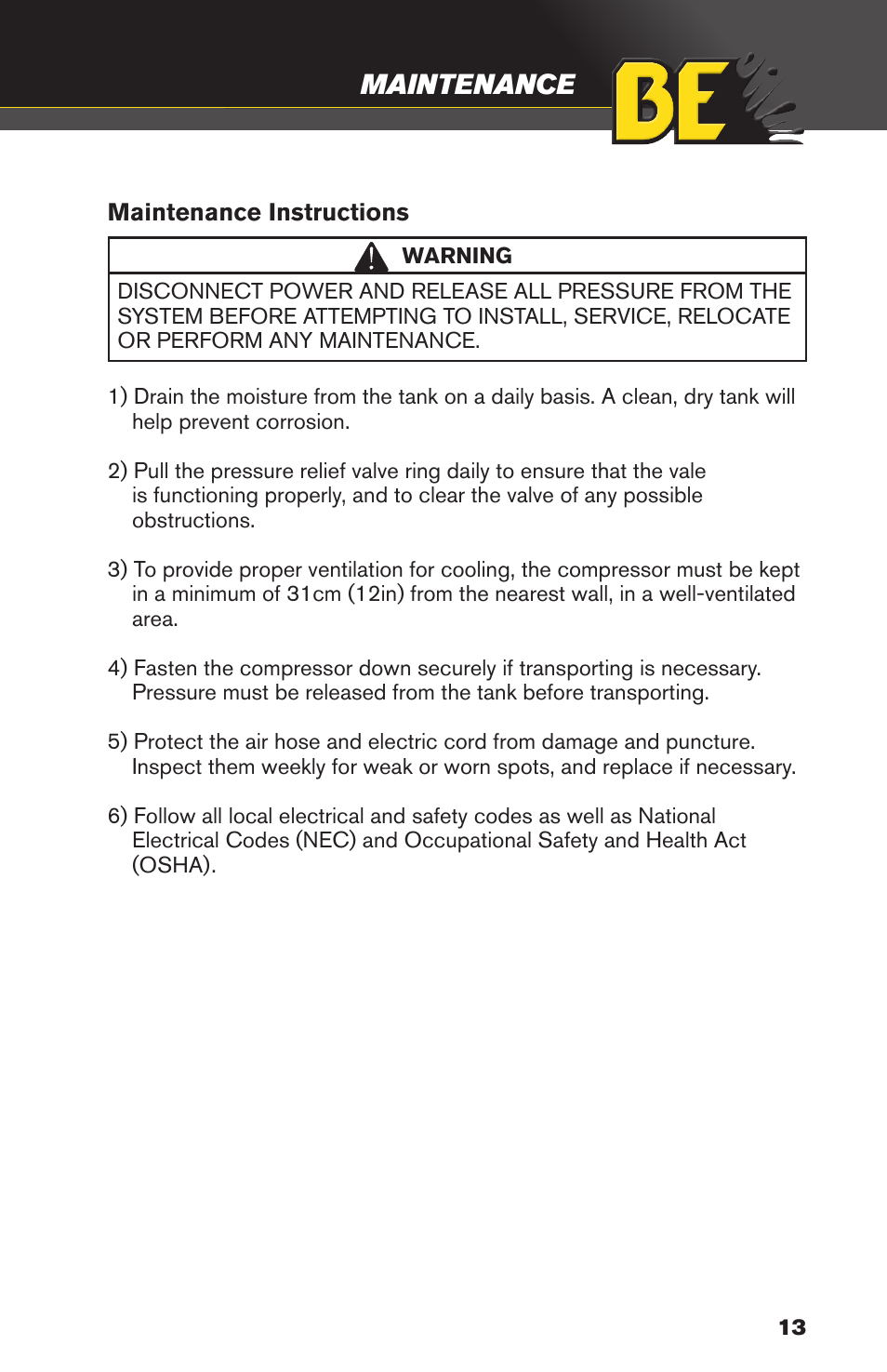 Maintenance | BE Pressure supply 8 Gallon Wheeled Electric Air Compressor AC1511B User Manual | Page 13 / 20