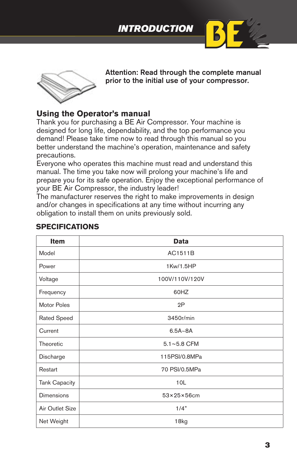 Introduction, Using the operator’s manual | BE Pressure supply 8 Gallon Wheeled Electric Air Compressor AC1511B User Manual | Page 3 / 20