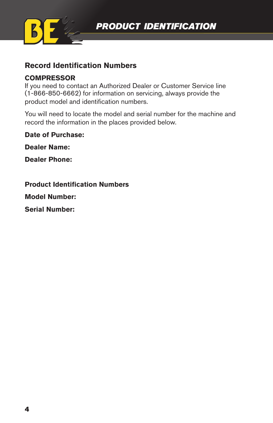 Product, Identification | BE Pressure supply 8 Gallon Wheeled Electric Air Compressor AC1511B User Manual | Page 4 / 20