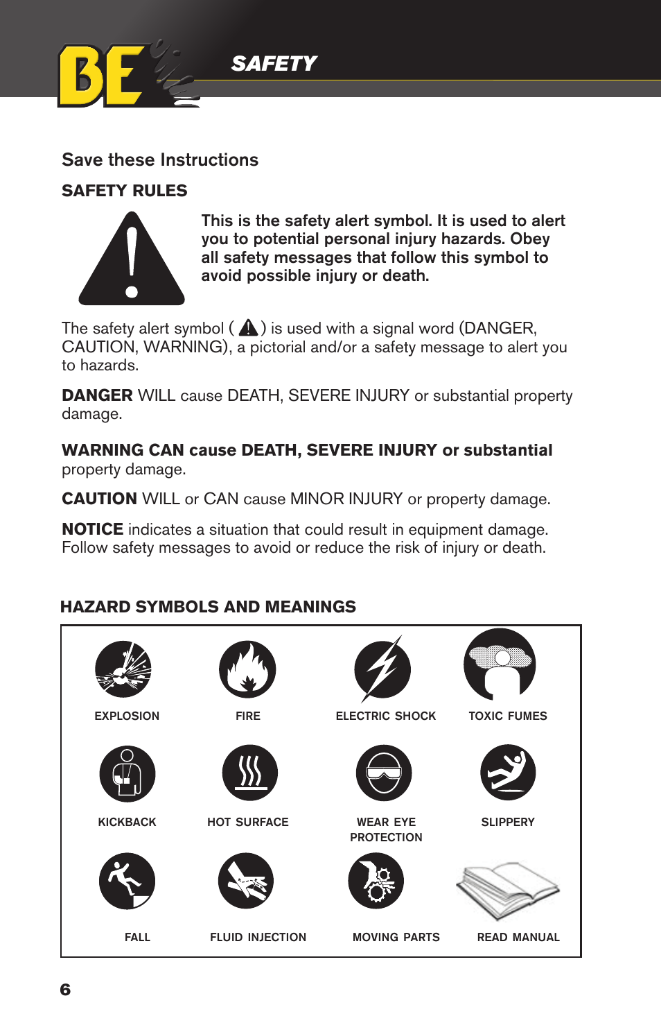 Safety, Save these instructions | BE Pressure supply 8 Gallon Wheeled Electric Air Compressor AC1511B User Manual | Page 6 / 20