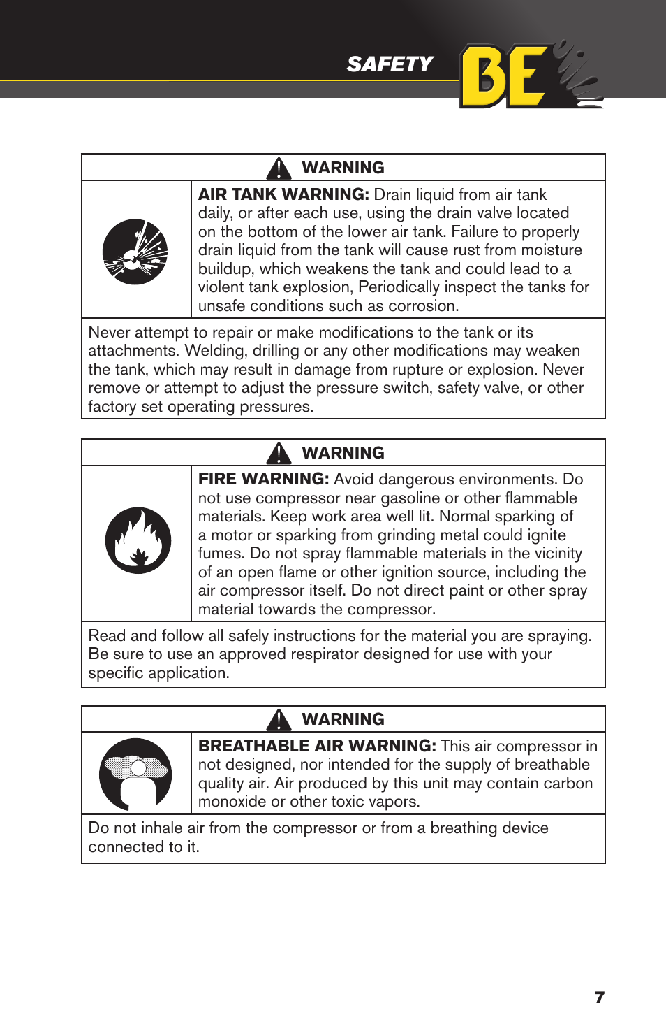 Safety | BE Pressure supply 8 Gallon Wheeled Electric Air Compressor AC1511B User Manual | Page 7 / 20