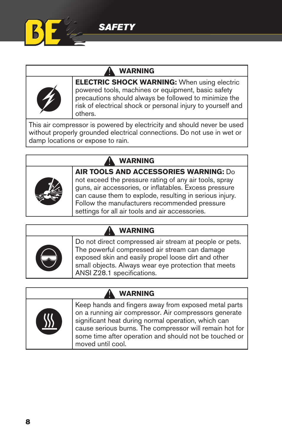 Safety | BE Pressure supply 8 Gallon Wheeled Electric Air Compressor AC1511B User Manual | Page 8 / 20