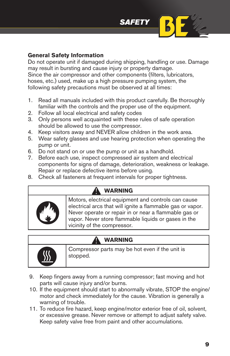 Safety | BE Pressure supply 8 Gallon Wheeled Electric Air Compressor AC1511B User Manual | Page 9 / 20