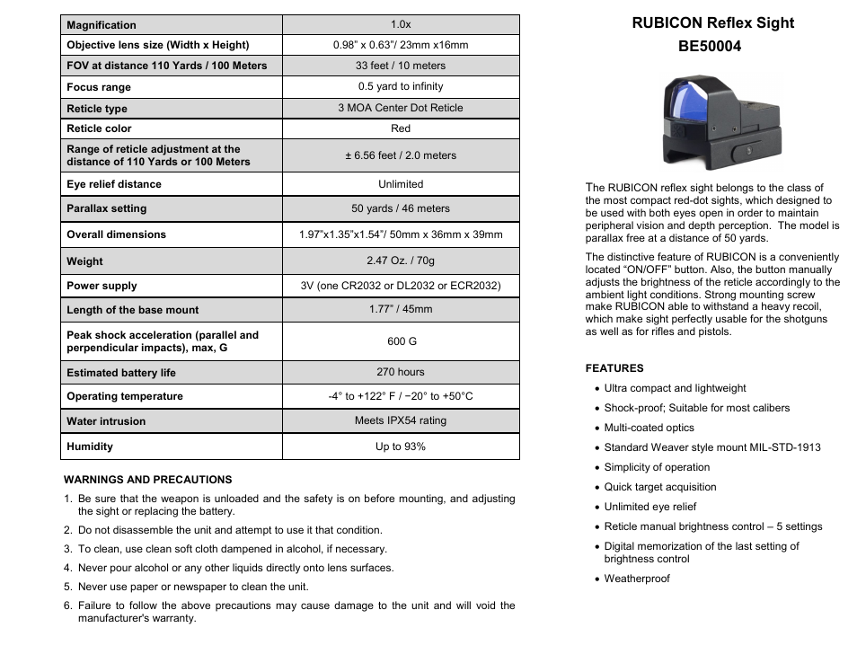 Bering Optics Rubicon Reflex Sight User Manual | 2 pages