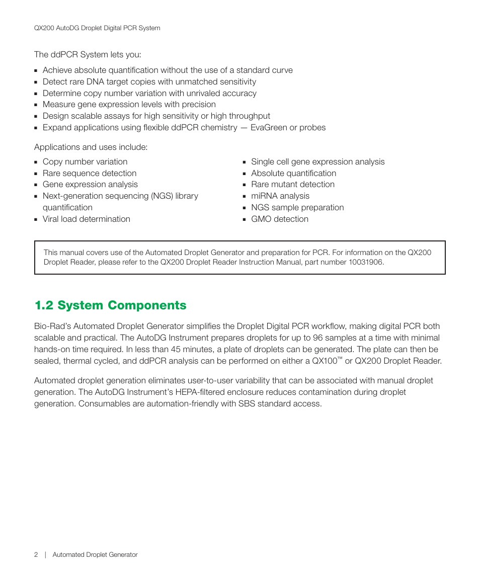 2 system components, The ddpcr system lets you, Measure gene expression levels with precision | Copy number variation, Rare sequence detection, Gene expression analysis, Viral load determination, Single cell gene expression analysis, Absolute quantification, Rare mutant detection | Bio-Rad QX200™ AutoDG™ Droplet Digital™ PCR System User Manual | Page 10 / 48