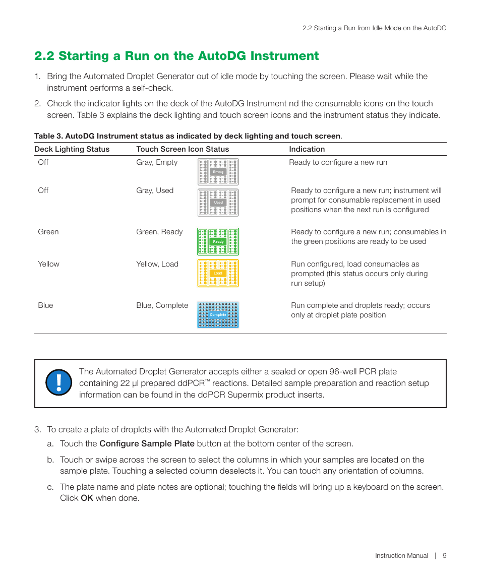 2 starting a run on the autodg instrument | Bio-Rad QX200™ AutoDG™ Droplet Digital™ PCR System User Manual | Page 17 / 48