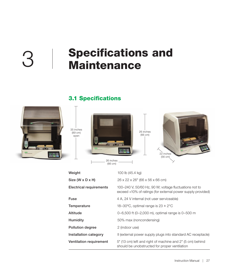 Specifications and maintenance, 1 specifications, Specifications and maintenance 3.1 specifications | Bio-Rad QX200™ AutoDG™ Droplet Digital™ PCR System User Manual | Page 35 / 48