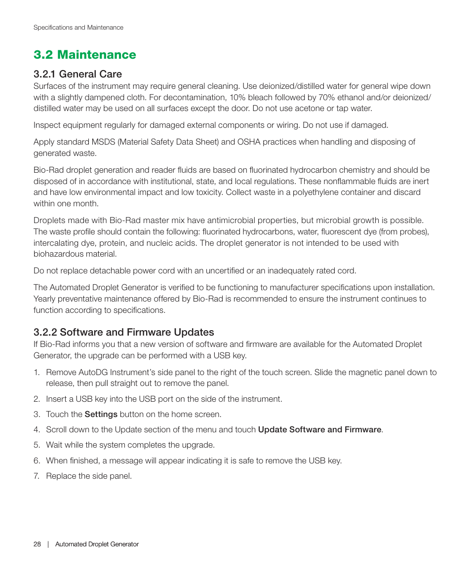 2 maintenance, 1 general care, 2 software and firmware updates | 1 general care 3.2.2 software and firmware updates | Bio-Rad QX200™ AutoDG™ Droplet Digital™ PCR System User Manual | Page 36 / 48