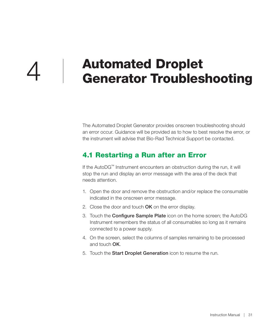 Automated droplet generator troubleshooting, 1 restarting a run after an error | Bio-Rad QX200™ AutoDG™ Droplet Digital™ PCR System User Manual | Page 39 / 48