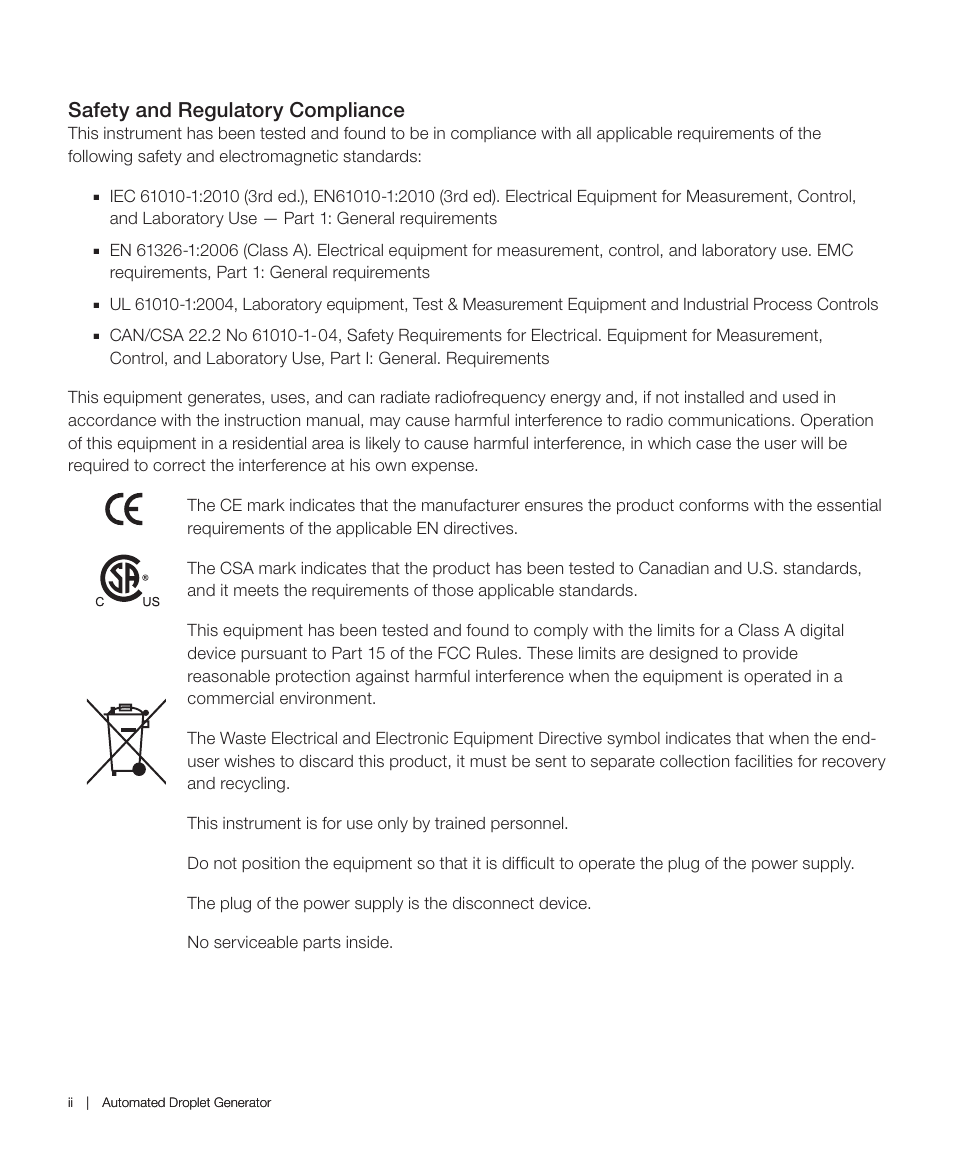 Safety and regulatory compliance | Bio-Rad QX200™ AutoDG™ Droplet Digital™ PCR System User Manual | Page 4 / 48