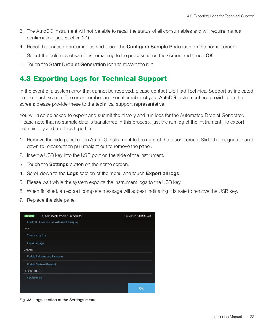 3 exporting logs for technical support | Bio-Rad QX200™ AutoDG™ Droplet Digital™ PCR System User Manual | Page 41 / 48