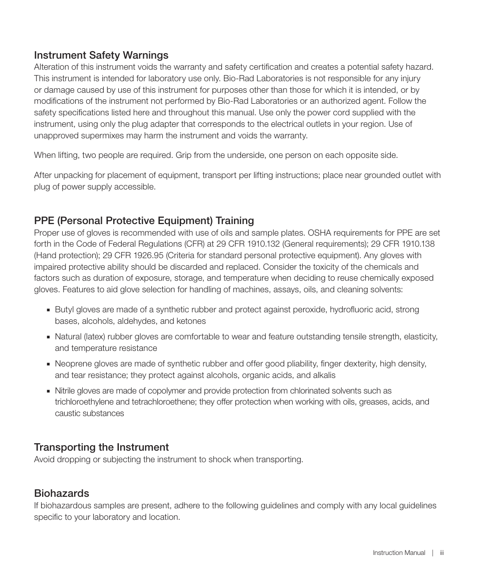 Instrument safety warnings, Ppe (personal protective equipment) training, Transporting the instrument | Biohazards | Bio-Rad QX200™ AutoDG™ Droplet Digital™ PCR System User Manual | Page 5 / 48