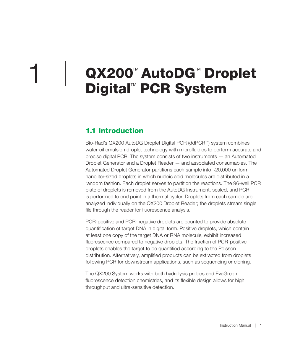 Qx200™ autodg™ droplet digital™ pcr system, 1 introduction, Qx200 | Autodg, Droplet digital, Pcr system | Bio-Rad QX200™ AutoDG™ Droplet Digital™ PCR System User Manual | Page 9 / 48