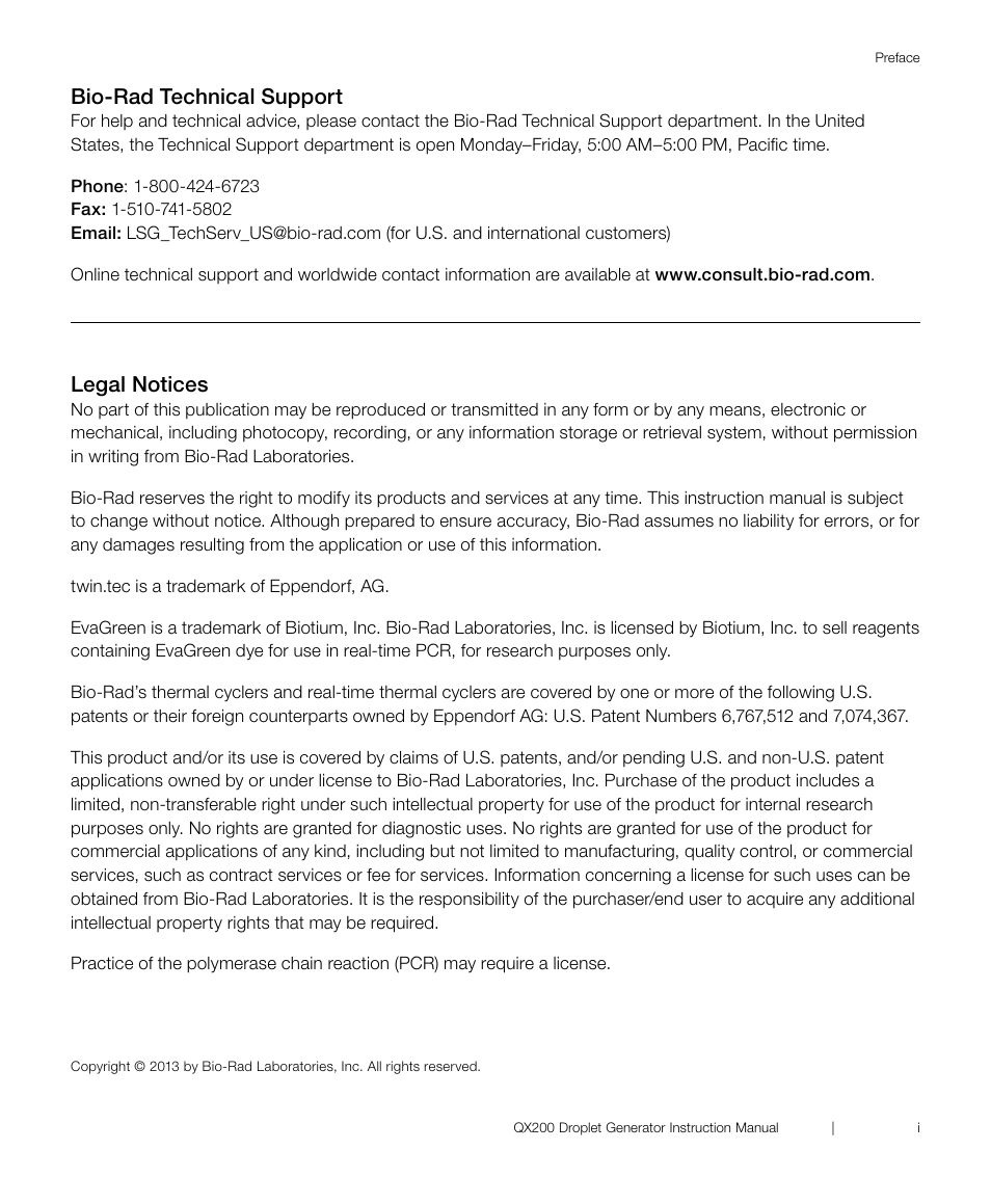 Bio-rad technical support, Legal notices | Bio-Rad ddPCR™ Supermix for Probes User Manual | Page 3 / 28