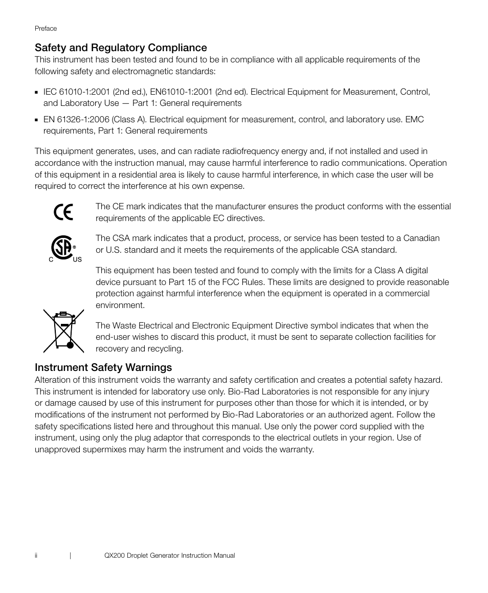 Safety and regulatory compliance, Instrument safety warnings | Bio-Rad ddPCR™ Supermix for Probes User Manual | Page 4 / 28