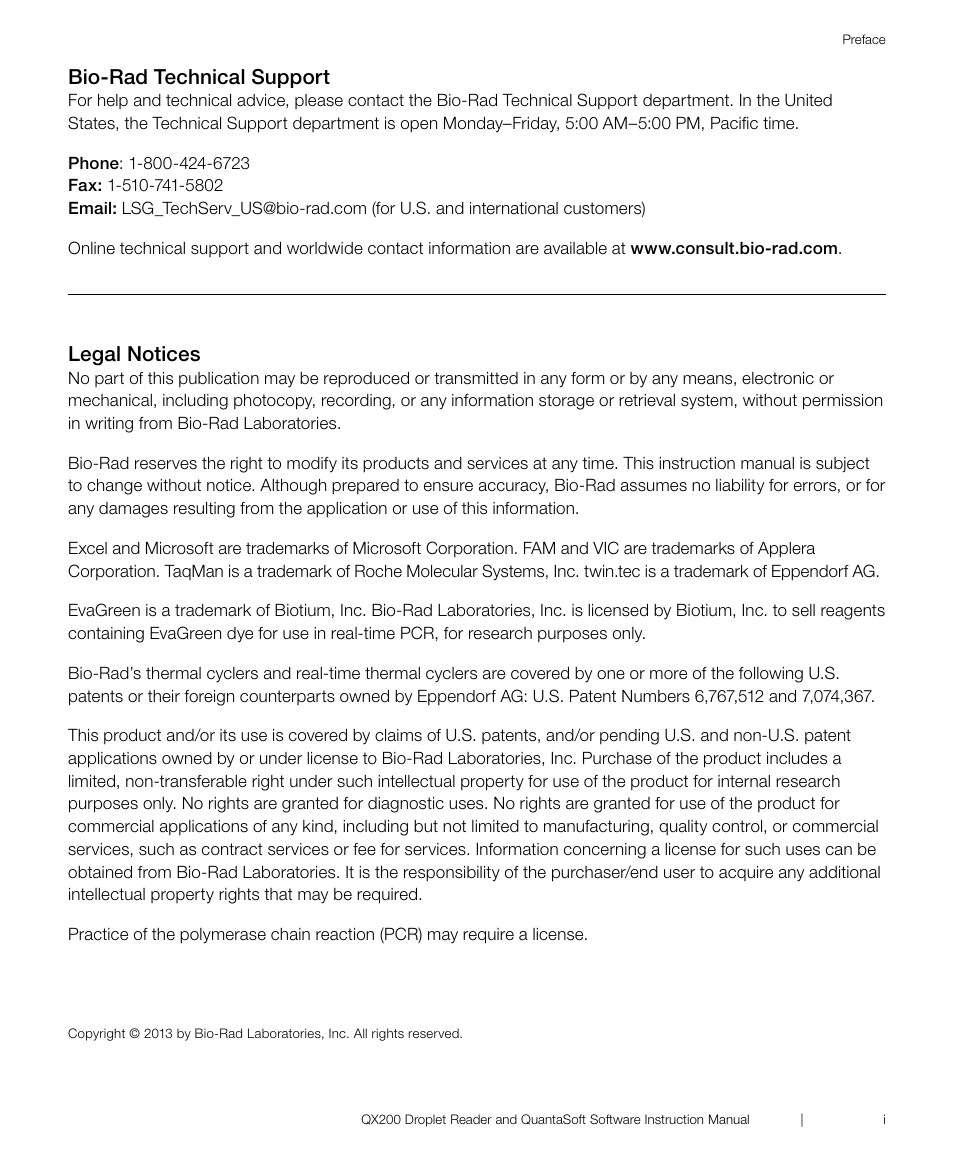 Bio-rad technical support, Legal notices | Bio-Rad ddPCR™ Supermix for Probes User Manual | Page 3 / 36