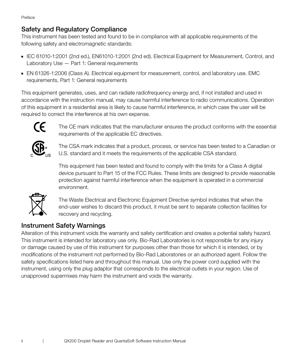 Safety and regulatory compliance, Instrument safety warnings | Bio-Rad ddPCR™ Supermix for Probes User Manual | Page 4 / 36