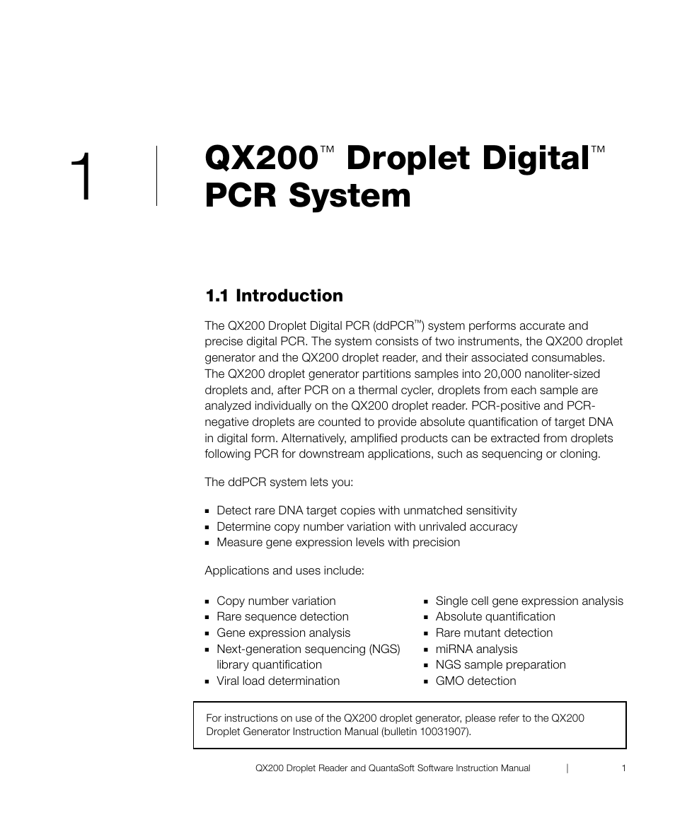 Qx200, Droplet digital, Pcr system | 1 introduction | Bio-Rad ddPCR™ Supermix for Probes User Manual | Page 9 / 36