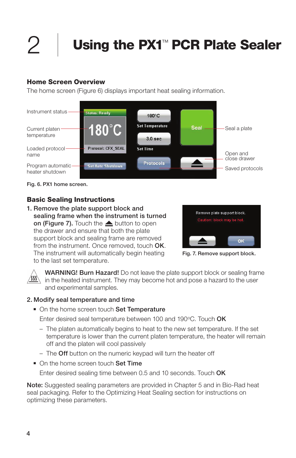 Using the px1 pcr plate sealer, Home screen overview, Basic sealing instructions | Using the px1, Pcr plate sealer | Bio-Rad Peelable Foil Heat Seal User Manual | Page 10 / 24