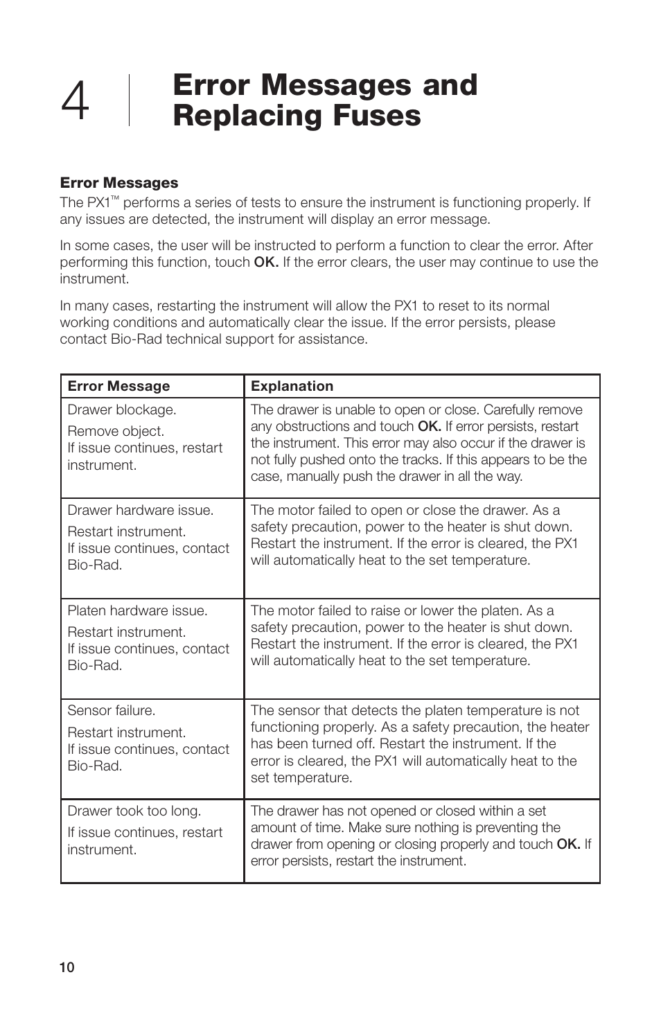 Error messages and replacing fuses, Error messages | Bio-Rad Peelable Foil Heat Seal User Manual | Page 16 / 24