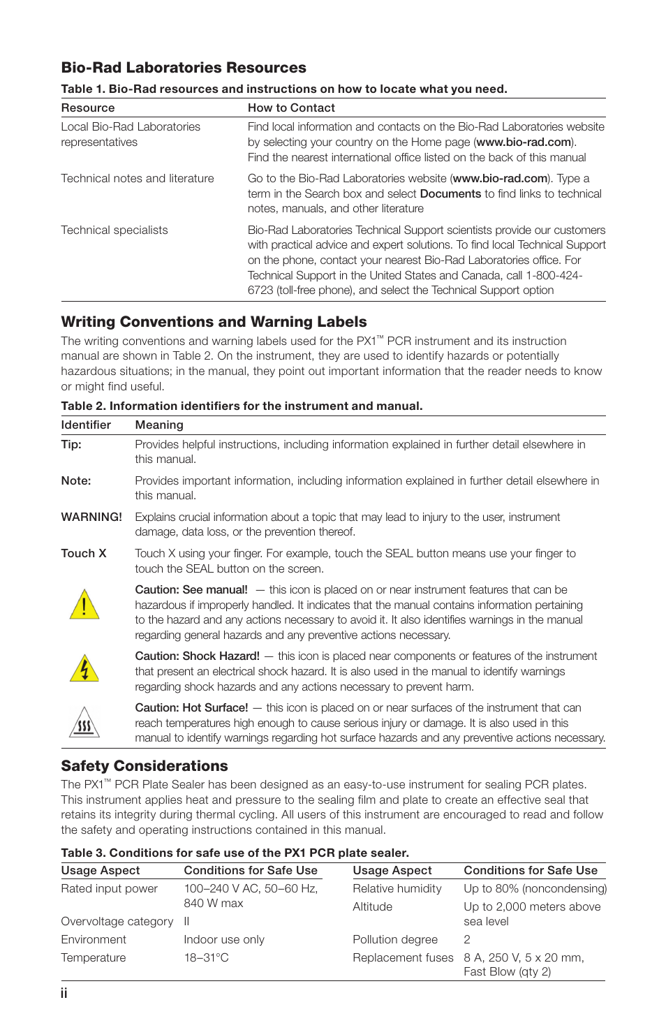Bio-rad laboratories resources, Writing conventions and warning labels, Safety considerations | Bio-Rad Peelable Foil Heat Seal User Manual | Page 4 / 24