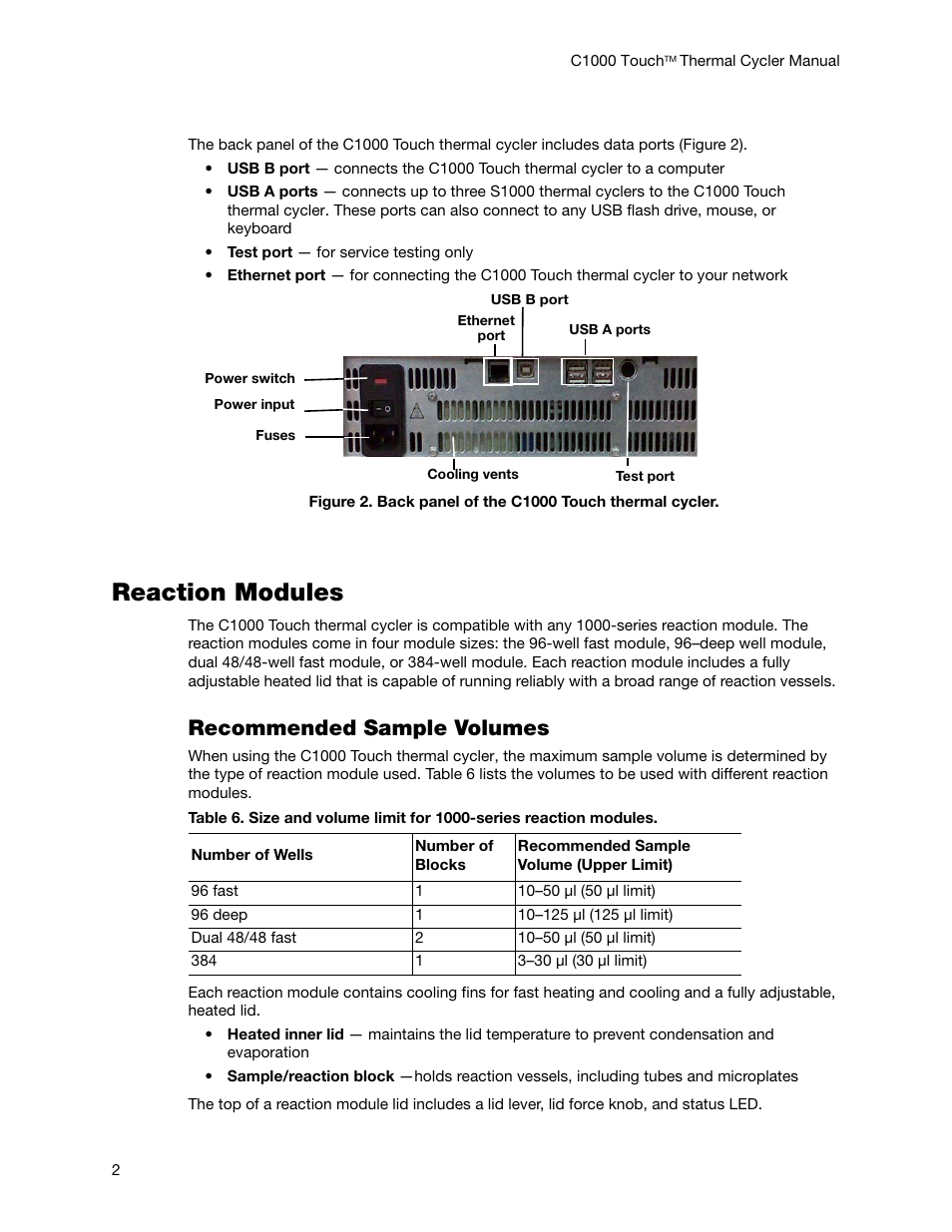 Reaction modules, Recommended sample volumes | Bio-Rad C1000 Touch™ Thermal Cycler User Manual | Page 11 / 61