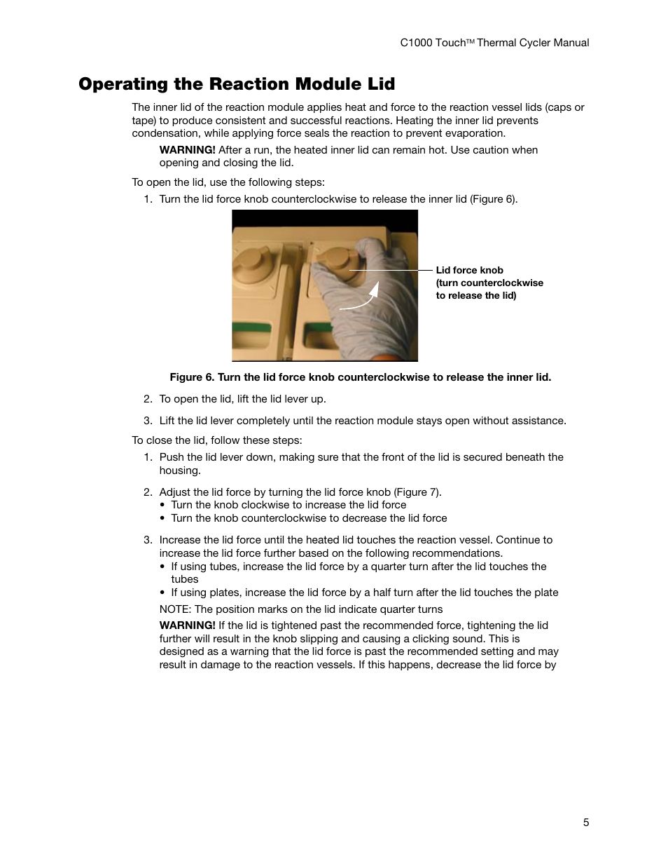 Operating the reaction module lid | Bio-Rad C1000 Touch™ Thermal Cycler User Manual | Page 14 / 61