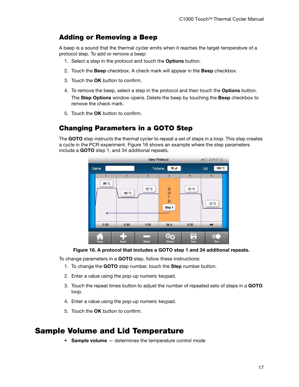 Sample volume and lid temperature, Adding or removing a beep, Changing parameters in a goto step | Bio-Rad C1000 Touch™ Thermal Cycler User Manual | Page 26 / 61
