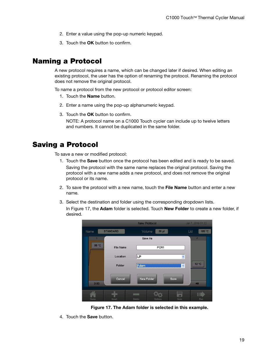 Naming a protocol, Saving a protocol | Bio-Rad C1000 Touch™ Thermal Cycler User Manual | Page 28 / 61