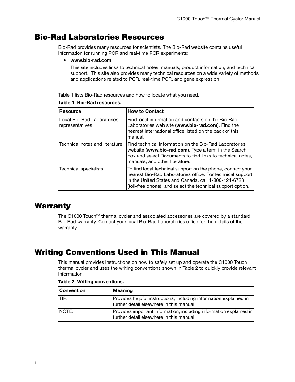 Bio-rad laboratories resources, Warranty, Writing conventions used in this manual | Bio-Rad C1000 Touch™ Thermal Cycler User Manual | Page 3 / 61