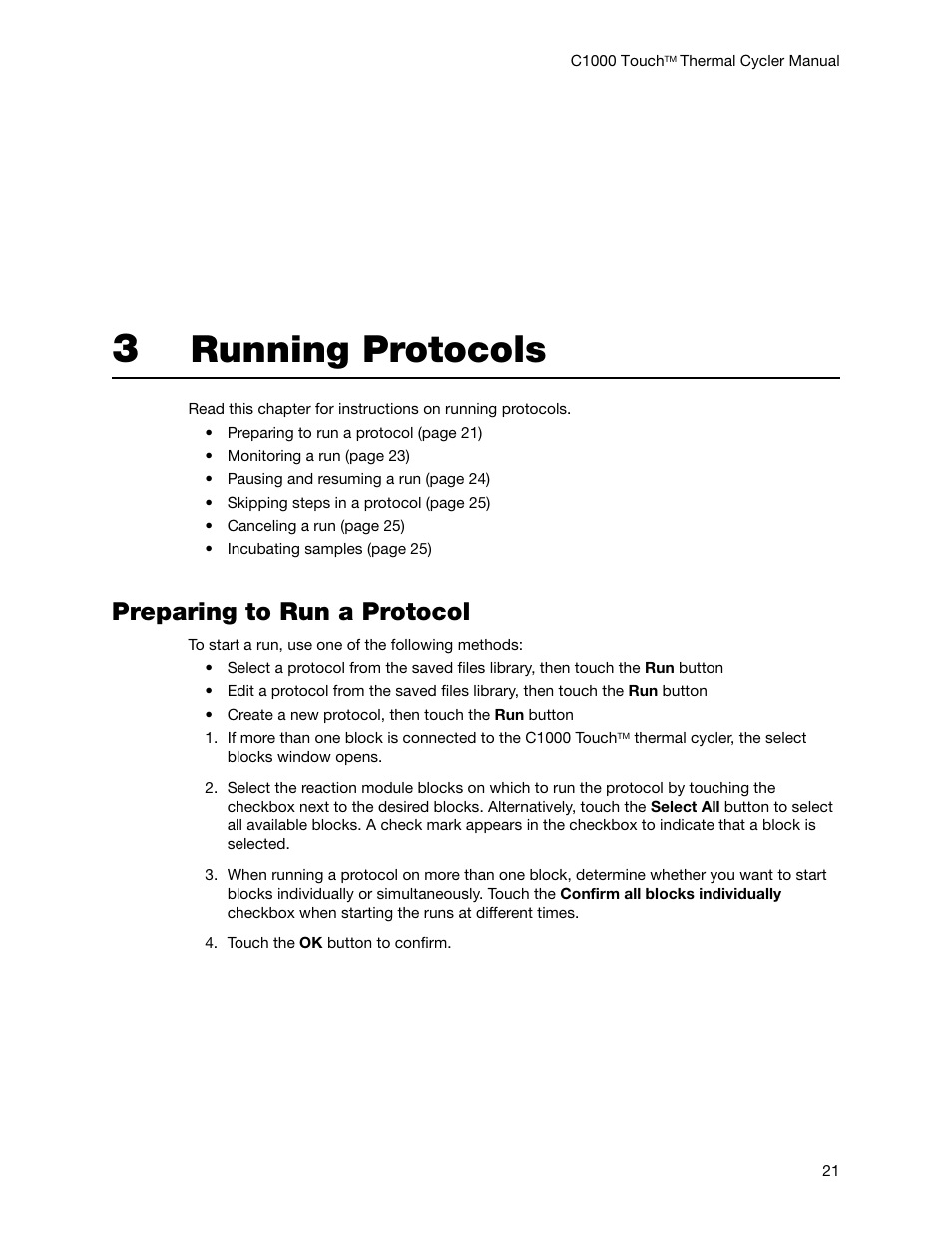 Running protocols, Preparing to run a protocol | Bio-Rad C1000 Touch™ Thermal Cycler User Manual | Page 30 / 61