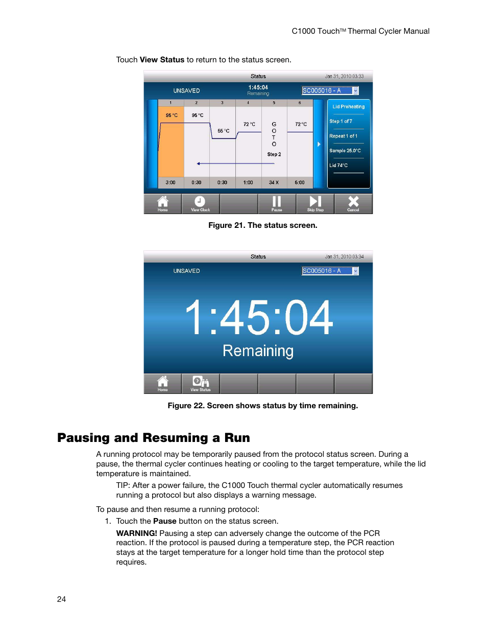 Pausing and resuming a run | Bio-Rad C1000 Touch™ Thermal Cycler User Manual | Page 33 / 61