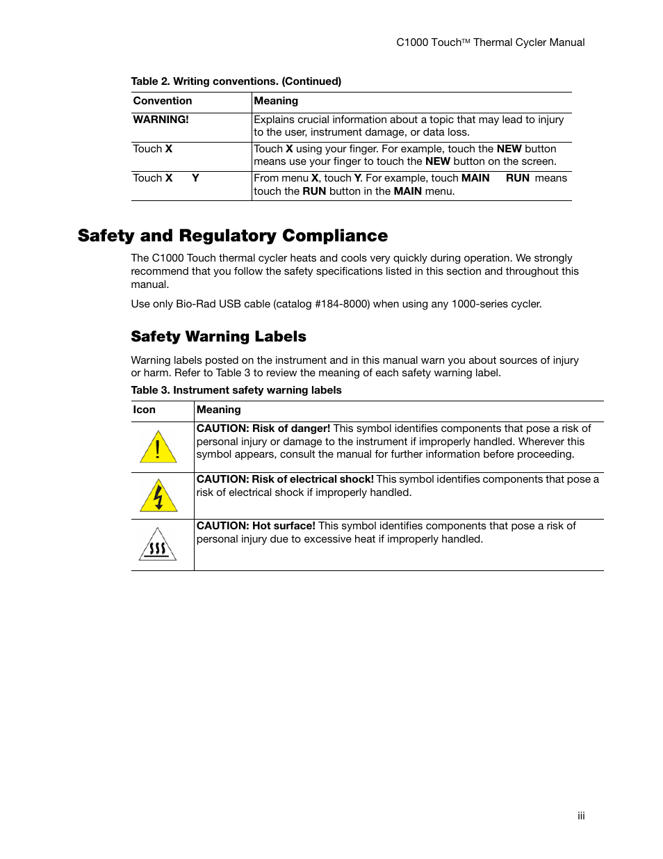 Safety and regulatory compliance, Safety warning labels | Bio-Rad C1000 Touch™ Thermal Cycler User Manual | Page 4 / 61