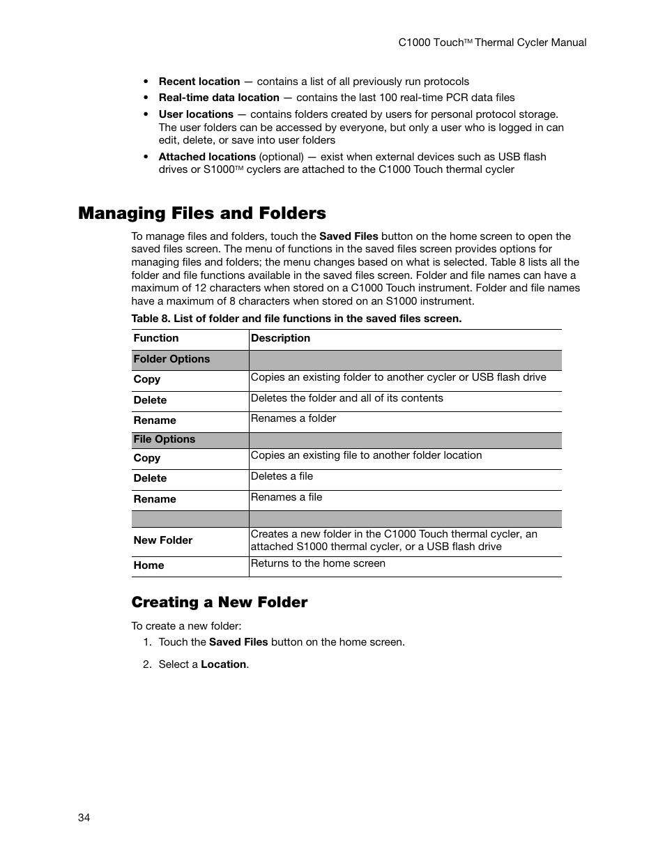 Managing files and folders, Creating a new folder | Bio-Rad C1000 Touch™ Thermal Cycler User Manual | Page 43 / 61