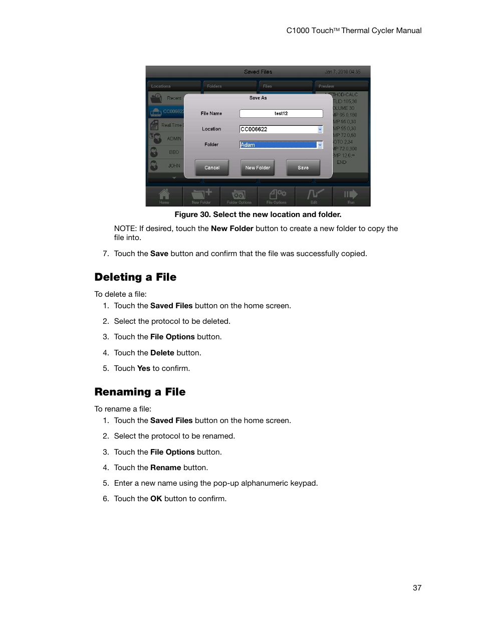 Deleting a file, Renaming a file | Bio-Rad C1000 Touch™ Thermal Cycler User Manual | Page 46 / 61