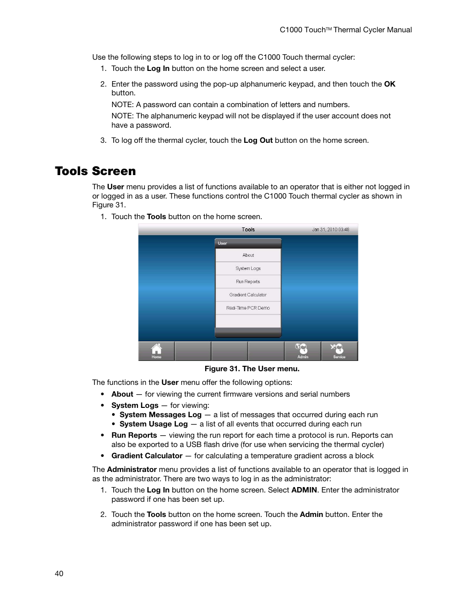 Tools screen | Bio-Rad C1000 Touch™ Thermal Cycler User Manual | Page 49 / 61