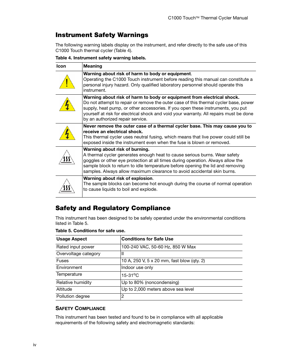 Instrument safety warnings, Safety and regulatory compliance | Bio-Rad C1000 Touch™ Thermal Cycler User Manual | Page 5 / 61