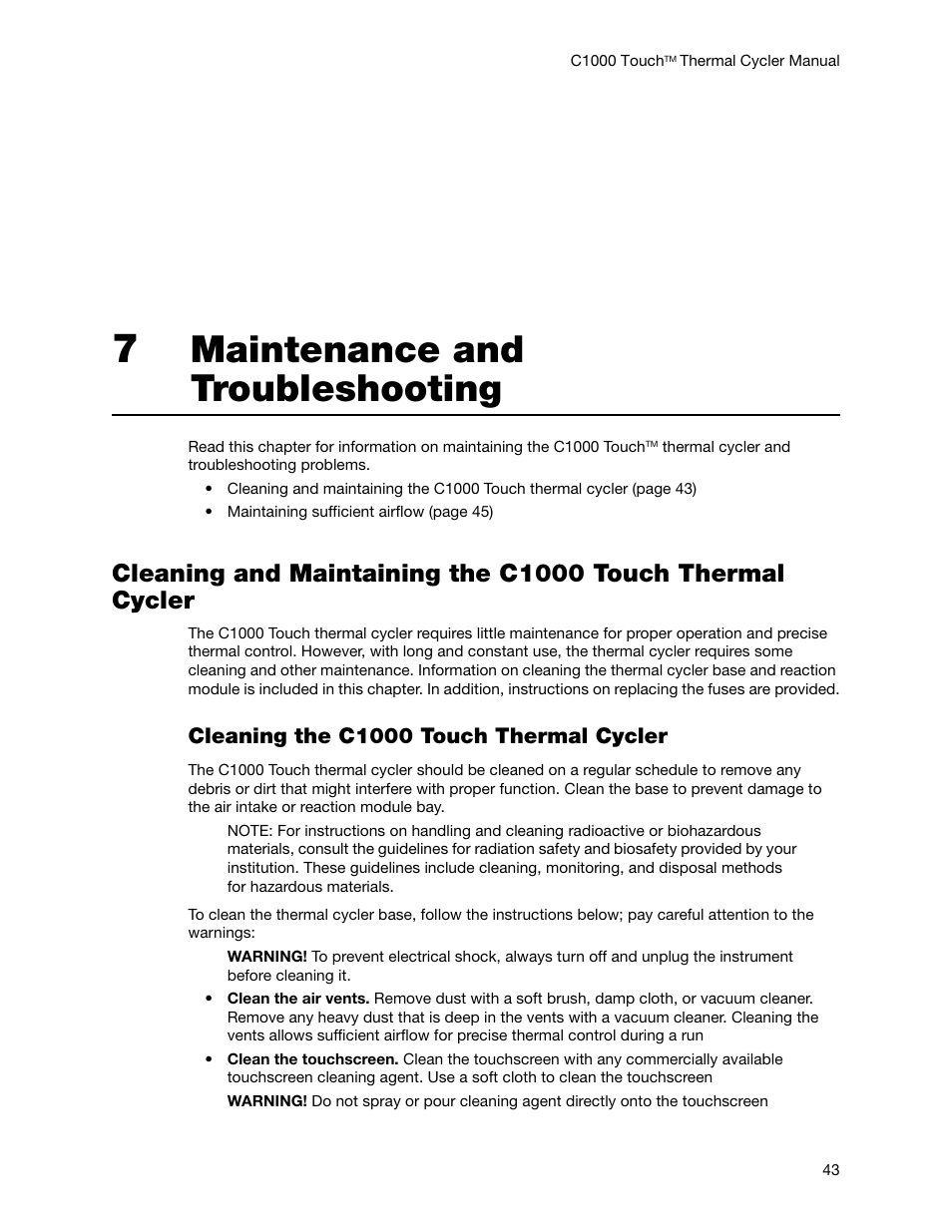 Maintenance and troubleshooting, Cleaning the c1000 touch thermal cycler | Bio-Rad C1000 Touch™ Thermal Cycler User Manual | Page 52 / 61