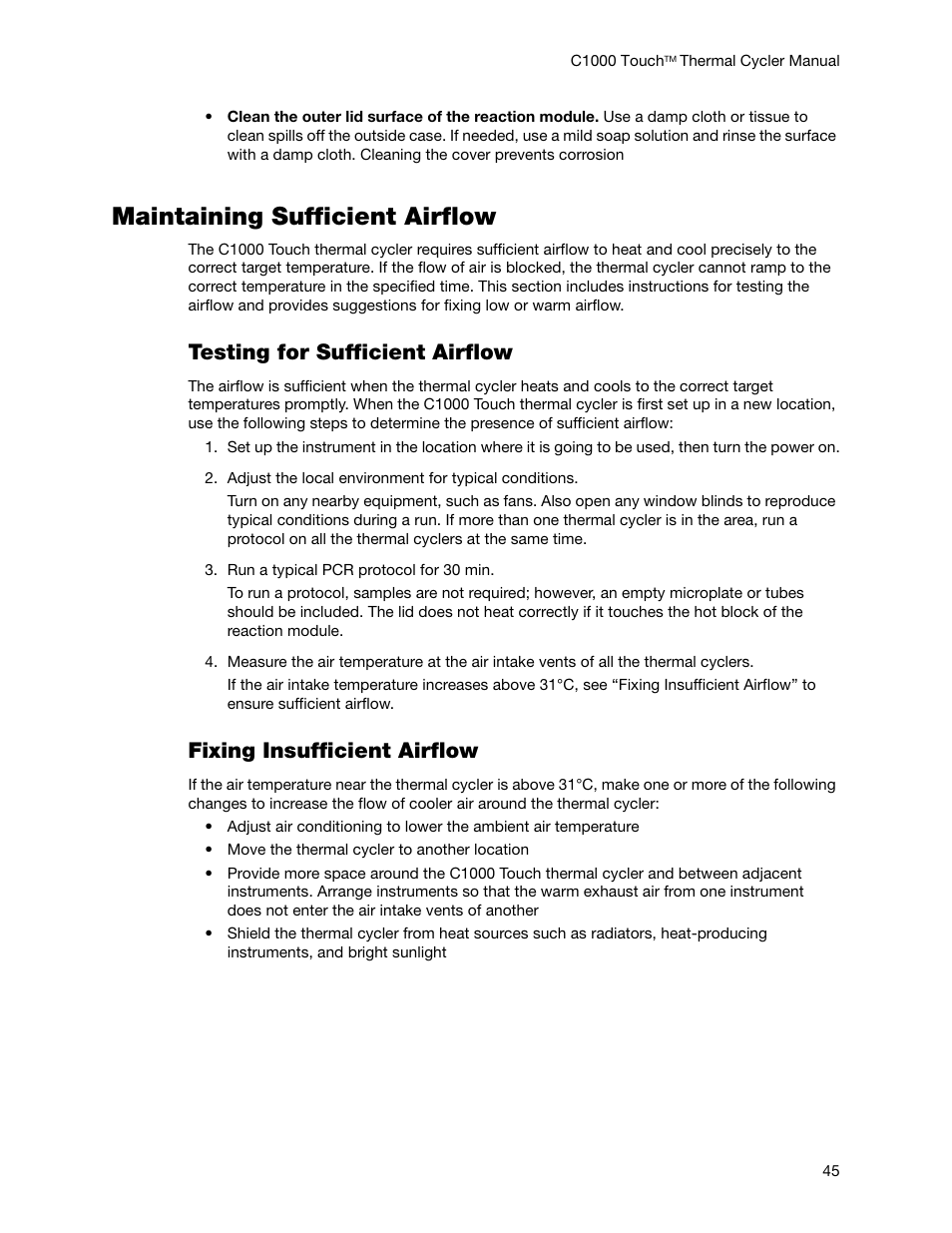 Maintaining sufficient airflow, Testing for sufficient airflow, Fixing insufficient airflow | Bio-Rad C1000 Touch™ Thermal Cycler User Manual | Page 54 / 61