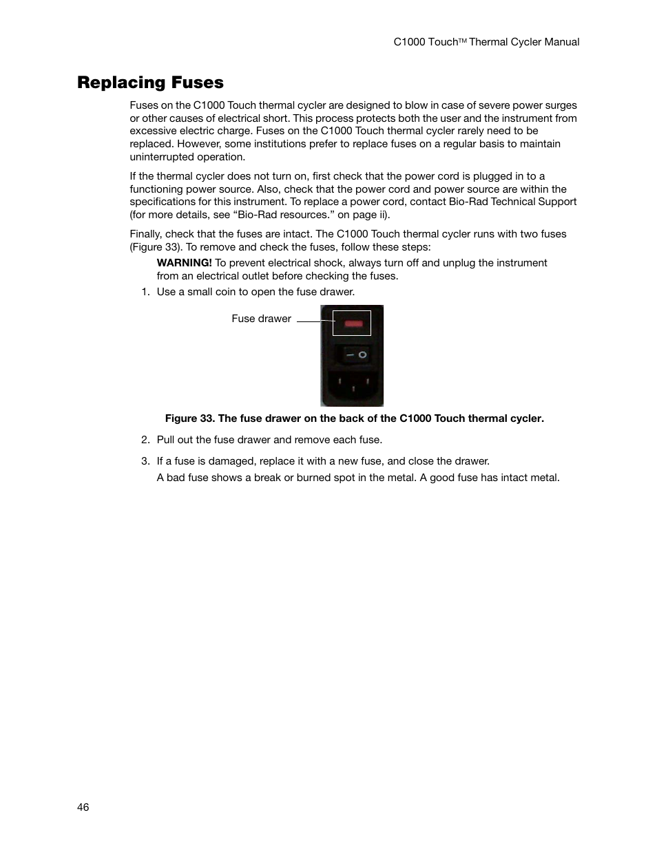 Replacing fuses | Bio-Rad C1000 Touch™ Thermal Cycler User Manual | Page 55 / 61