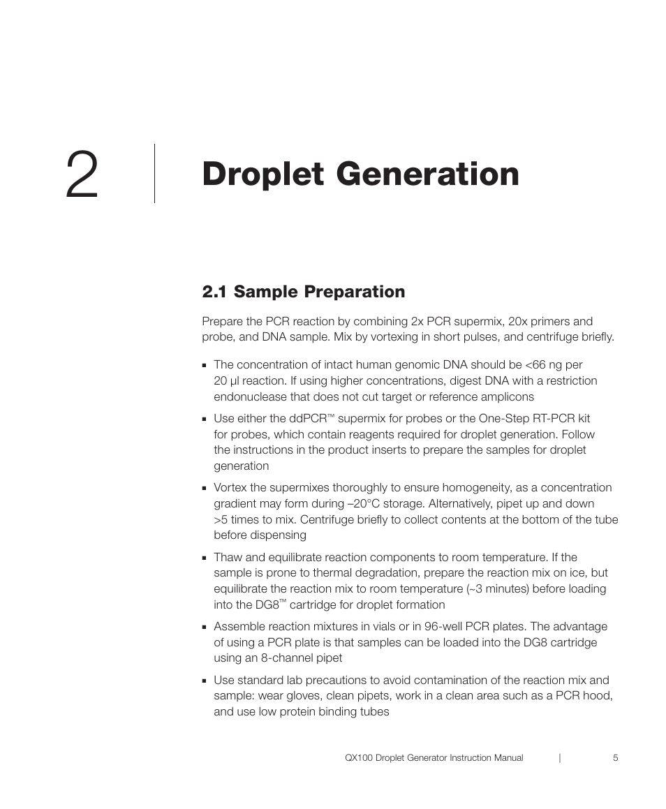 Chapter 2 droplet generation, 1 sample preparation, Droplet generation | Bio-Rad QX100™ Droplet Digital™ PCR System User Manual | Page 11 / 24