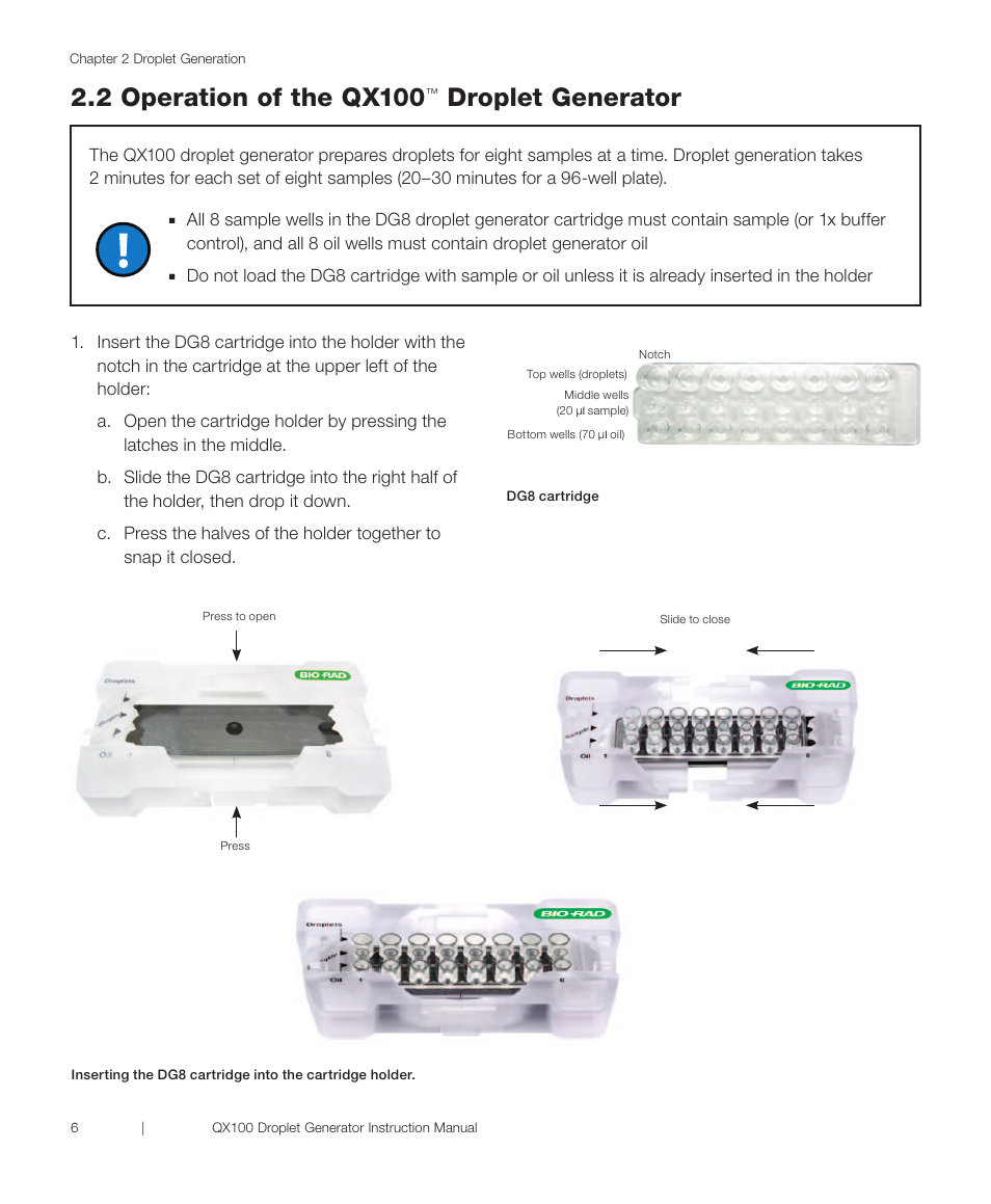 2 operation of the qx100 droplet generator, 2 operation of the qx100, Droplet generator | Bio-Rad QX100™ Droplet Digital™ PCR System User Manual | Page 12 / 24