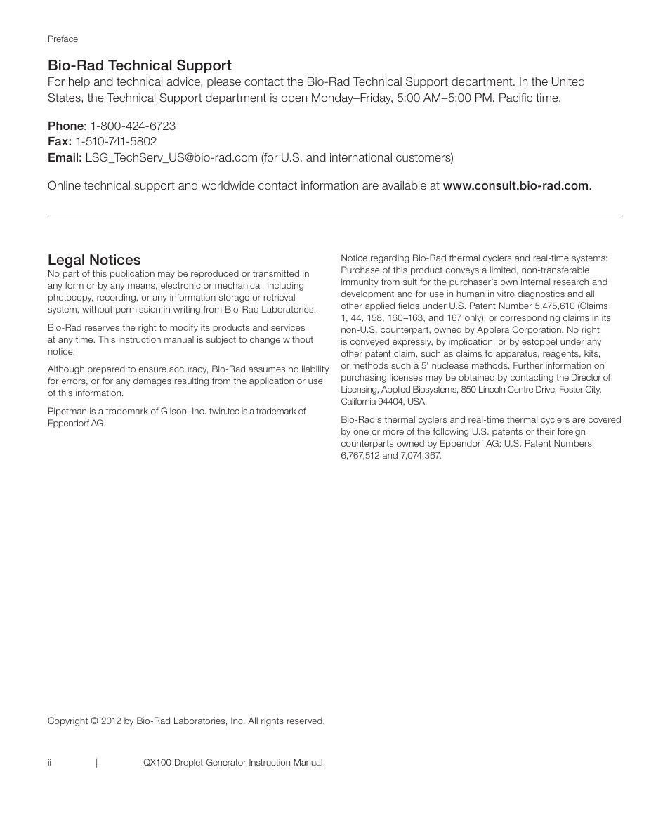 Bio-rad technical support, Legal notices | Bio-Rad QX100™ Droplet Digital™ PCR System User Manual | Page 2 / 24