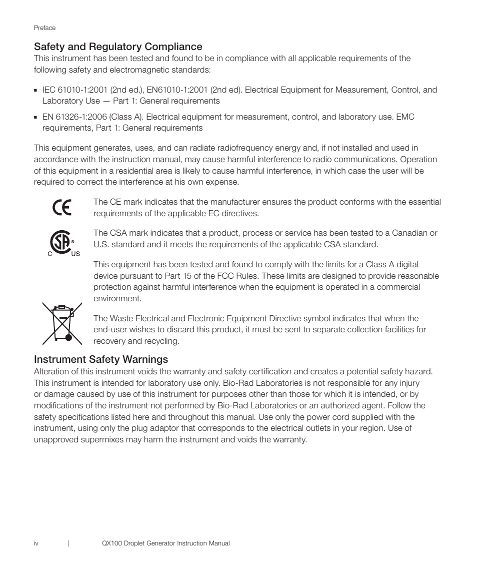Safety and regulatory compliance, Instrument safety warnings | Bio-Rad QX100™ Droplet Digital™ PCR System User Manual | Page 4 / 24
