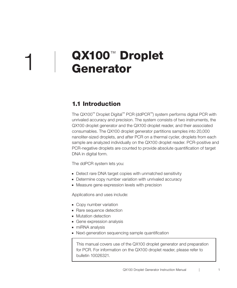 Chapter 1 qx100™ droplet generator, 1 introduction, Qx100 | Droplet generator | Bio-Rad QX100™ Droplet Digital™ PCR System User Manual | Page 7 / 24